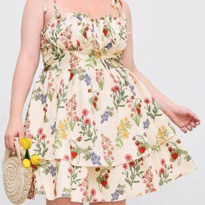 Woven Floral Ruffle Hem Knotted Layered Mini Dress Curve & Plus